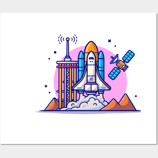 Space Shuttle Taking Off with Tower, Satellite and Mountain Cartoon Vector Icon Illustration Posters and Art